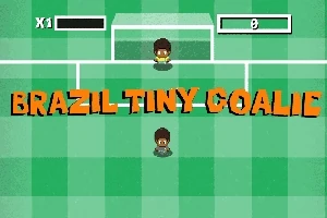 Kaksi piirrosmaista hahmoa jalkapallokentällä, yksinäinen maalivahti ja pelaaja, tekstillä Brazil Tiny Goalie