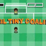 Kaksi piirrosmaista hahmoa jalkapallokentällä, yksinäinen maalivahti ja pelaaja, tekstillä Brazil Tiny Goalie