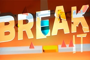 Sana BREAK suurella fontilla oranssia taustaa vasten, jossa näkyy geometrisia muotoja ja värikkäitä elementtejä