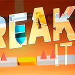 Sana BREAK suurella fontilla oranssia taustaa vasten, jossa näkyy geometrisia muotoja ja värikkäitä elementtejä
