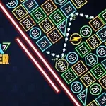 Neonväriset tiilet, pallot ja viiva mustalla taustalla
