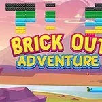 Värikäs pelinäkymä, jossa on pastellinvärinen tausta, tiilimuodostelmia ylhäällä ja teksti Brick Out Adventure keskellä