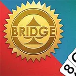 Kultainen merkki, jossa lukee BRIDGE ja pelikortteja, joissa eri maita ja arvoja punaisella ja vihreällä taustalla