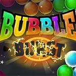 Värikkäitä kuplia ja teksti Bubble Burst sähköistetyllä tyylillä tummansävyisessä taustassa