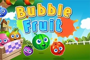Värikäs kuva, jossa on hymyileviä hedelmiä ja teksti Bubble Fruit puutarhamaisemassa
