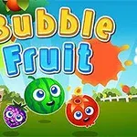 Värikäs kuva, jossa on hymyileviä hedelmiä ja teksti Bubble Fruit puutarhamaisemassa