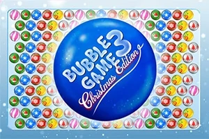 Sinisellä taustalla on suuri pallo, jossa lukee Bubble Game 3 Christmas Edition, ympärillä on värikkäitä kuplia