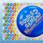 Sinisellä taustalla on suuri pallo, jossa lukee Bubble Game 3 Christmas Edition, ympärillä on värikkäitä kuplia