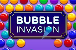 Värikkäät kuplat violetilla taustalla, joissa keskellä teksti Bubble Invasion