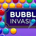 Värikkäät kuplat violetilla taustalla, joissa keskellä teksti Bubble Invasion