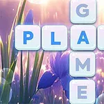 Valoisa tausta, jossa kukkia ja kuplia, ja etualalla ristikko sana PLAY GAME korostettuna sekä valkoinen piirroskäsi osoittamassa kirjaimeen