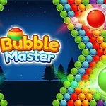 Värikkäitä kuplia muodostavat kaksi vierekkäistä diagonaalista linjaa sinistä yötaivasta vasten, keskellä teksti Bubble Master