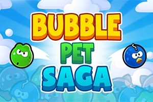 Kuvassa on värikäs tausta, jossa on sinisiä pilviä ja teksti Bubble Pet Saga suurilla, värikkäillä kirjaimilla, sekä kaksi animoitua pallohahmoa