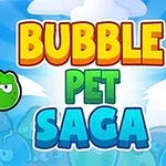 Kuvassa on värikäs tausta, jossa on sinisiä pilviä ja teksti Bubble Pet Saga suurilla, värikkäillä kirjaimilla, sekä kaksi animoitua pallohahmoa