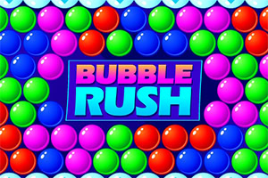 Värikkäiden kuplien reunustama sininen logo, jossa lukee BUBBLE RUSH