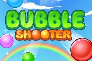 Graafinen kuva, jossa on värikäs teksti BUBBLE SHOOTER, taustalla sininen taivas, pilviä, sateenkaari ja värikkäitä palloja