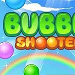 Graafinen kuva, jossa on värikäs teksti BUBBLE SHOOTER, taustalla sininen taivas, pilviä, sateenkaari ja värikkäitä palloja