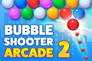 Erivärisiä kuplia rivissä sinisellä taustalla ja teksti Bubble Shooter Arcade 2