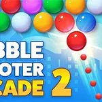 Erivärisiä kuplia rivissä sinisellä taustalla ja teksti Bubble Shooter Arcade 2
