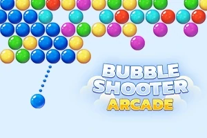 Monivärisiä palloja yläreunassa ja yksi pallo alareunassa tähtäämässä ylöspäin, tekstillä Bubble Shooter Arcade