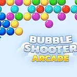 Monivärisiä palloja yläreunassa ja yksi pallo alareunassa tähtäämässä ylöspäin, tekstillä Bubble Shooter Arcade