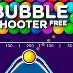 Kirkkaita värikkäitä palloja ja teksti Bubble Shooter Free violetilla taustalla