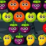 Värikkäitä ja hymyileviä piirroshahmohedelmiä, kuten omenoita, mangoja ja luumuja, mustalla taustalla