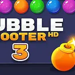Värikkäitä palloja ja oranssi pommi tummalla taustalla, tekstinä BUBBLE SHOOTER HD 3