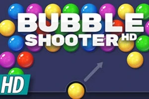 Värikkäitä palloja ja suuri teksti BUBBLE SHOOTER HD violetilla taustalla