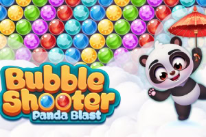 Panda pitelee punaista sateenvarjoa värikkäiden kuplien edessä pilvien keskellä