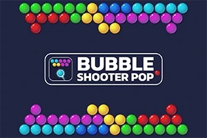 Värikkäitä kuplia kahdessa rivissä tummansinisellä taustalla keskellä teksti Bubble Shooter Pop