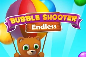 Karhu pitelee sateenkaarivärisiä palloja sinisellä taustalla, keskellä teksti Bubble Shooter Endless