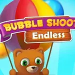 Karhu pitelee sateenkaarivärisiä palloja sinisellä taustalla, keskellä teksti Bubble Shooter Endless
