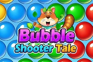 Sarjakuvamainen hahmo lehtien ympäröimänä kuplataustalla ja tekstillä Bubble Shooter Tale