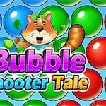 Sarjakuvamainen hahmo lehtien ympäröimänä kuplataustalla ja tekstillä Bubble Shooter Tale