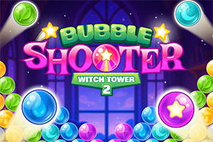 Bubble Shooter Witch Tower 2 Värikäs kuplien ammunta -peli, jossa on suuria tekstejä ja neonvärisiä kuplia