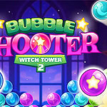 Bubble Shooter Witch Tower 2 Värikäs kuplien ammunta -peli, jossa on suuria tekstejä ja neonvärisiä kuplia