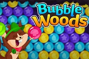 Piirretty orava vihreässä hatussa pitää värikästä kuplaa kuplain taustalla, yläkulmassa teksti Bubble Woods