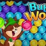 Piirretty orava vihreässä hatussa pitää värikästä kuplaa kuplain taustalla, yläkulmassa teksti Bubble Woods