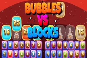 Värikäs kuvitus, jossa on numeroituja kuutioita ja teksti Bubbles vs Blocks keskellä