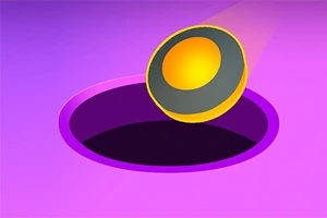 Keltainen ja harmaa pallo leijuu violetin taustan edessä olevaa mustaa varjostettua reikää kohti