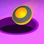 Keltainen ja harmaa pallo leijuu violetin taustan edessä olevaa mustaa varjostettua reikää kohti
