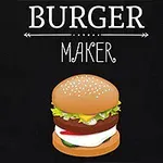 Burgeri, jossa on sämpylä, salaattia, juustoa, pihvi, tomaatti ja majoneesi mustalla taustalla, yläpuolella teksti BURGER MAKER