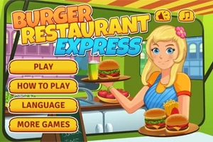 Piirroskuva tarjoilijasta sinipunaisessa esiliinassa ja keltaisessa paidassa, joka pitää tarjottimella hampurilaisia ja juoman; sisältää valikkoa Play, How to Play, Language ja More Games