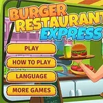 Piirroskuva tarjoilijasta sinipunaisessa esiliinassa ja keltaisessa paidassa, joka pitää tarjottimella hampurilaisia ja juoman; sisältää valikkoa Play, How to Play, Language ja More Games