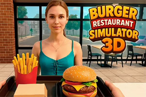 Nainen ravintolassa hampurilaisen ja ranskalaisten edessä, taustalla suuri Burger Restaurant Simulator 3D -kyltti