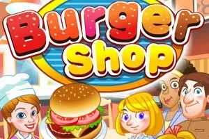 Piirroskuvassa on värikäs Burger Shop -logo, hampurilainen ja useita piirrettyjä hahmoja iloisina taustalla