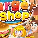 Piirroskuvassa on värikäs Burger Shop -logo, hampurilainen ja useita piirrettyjä hahmoja iloisina taustalla