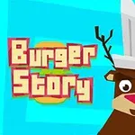 Piirretty poro kokinhatulla ja taustalla teksti Burger Story sinisellä taustalla