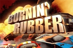 Suuret kolmiulotteiset kirjaimet Burnin Rubber ja autoja näkyvissä taustalla liekkien keskellä